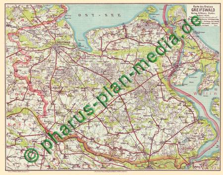Greifswald 1925 - Kreiskarte - Reproduktion, gefalzt, schwarz-weiß